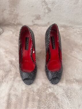 Charles Jourdan Black and White Polka Dot Peep-Toe Stiletto Heels